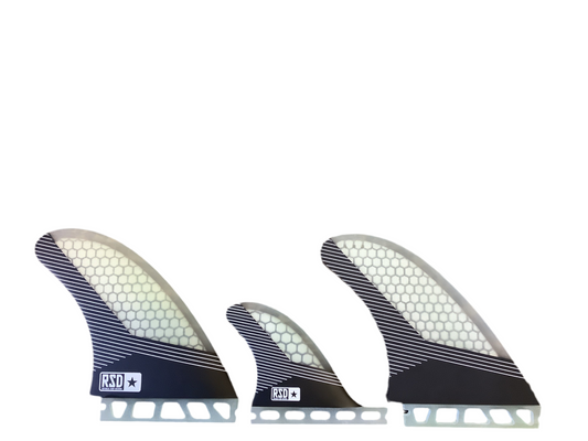 RSD Futures fibre glass 140mm Twin Fins with trailer